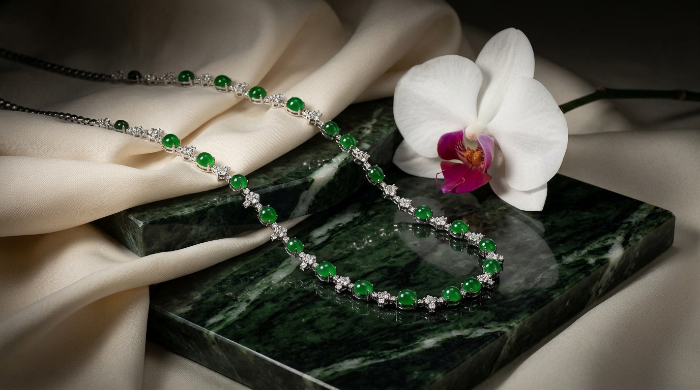 Jade riviére necklace draped over green marble and cream silk beside a white orchid