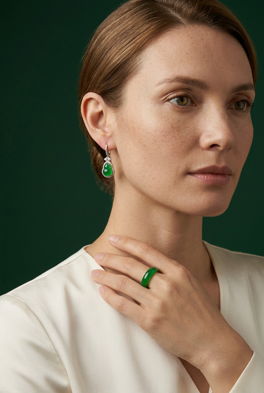 European AI model wearing jewelry inspired by Yuen’s Gourd Jade Drops and Verdant Jade Ring